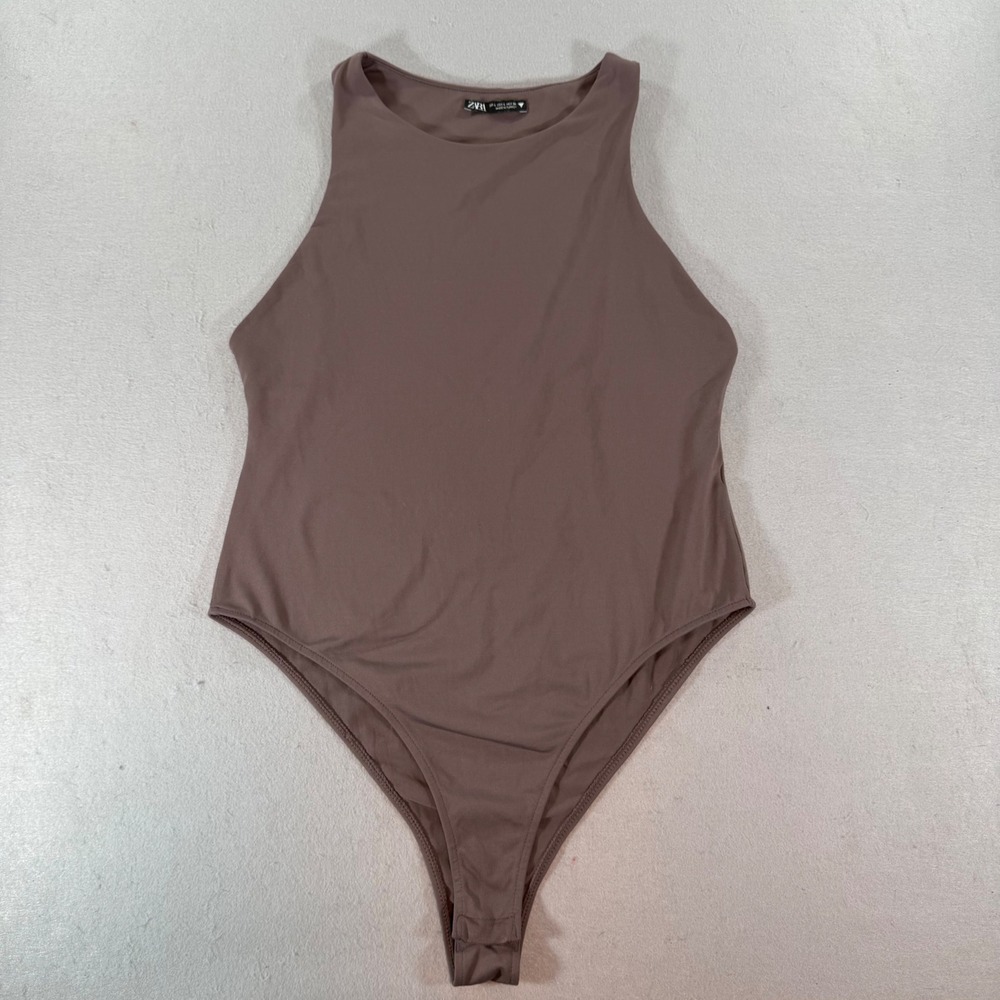 Zara High Neck Bodysuit Large Mauve Brown Sleeveless Thong Snap Minimalist